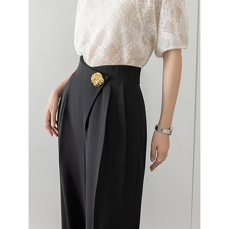 Women's Wide Leg Dress Pants Fashion Full Length Natural Plain Side Pockets Wide Leg Comfy Breathability Office / Career Business Black White Spring Fall Regular Fit4