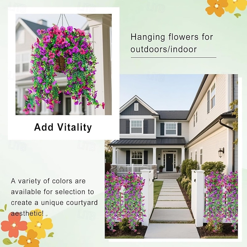 2 Pack Artificial Hanging Flowers for Outdoors Decorations, Fake Hanging Flowers, UV Resistant Artificial Hanging Plants Outdoors for Home Porch Patio Balcony Baskets Yard2