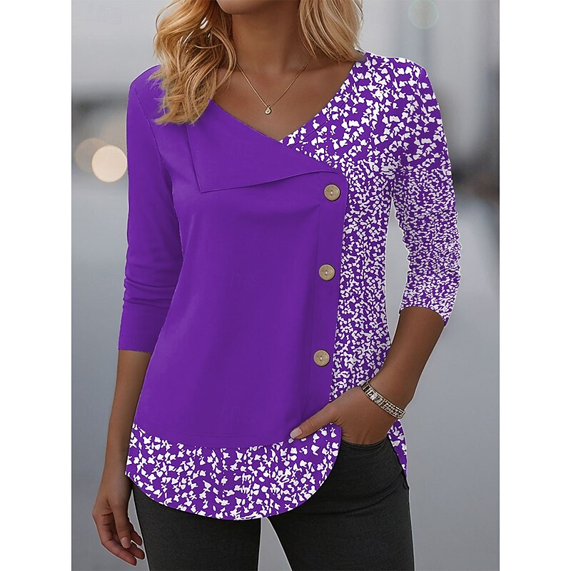 Women's Blouse Tunic V Neck Long Sleeve Buttons Floral Graphic Fashion Stylish Casual Crew Neck Regular Tops Daily Patchwork Print Red Blue Purple Green Spring Fall Winter4