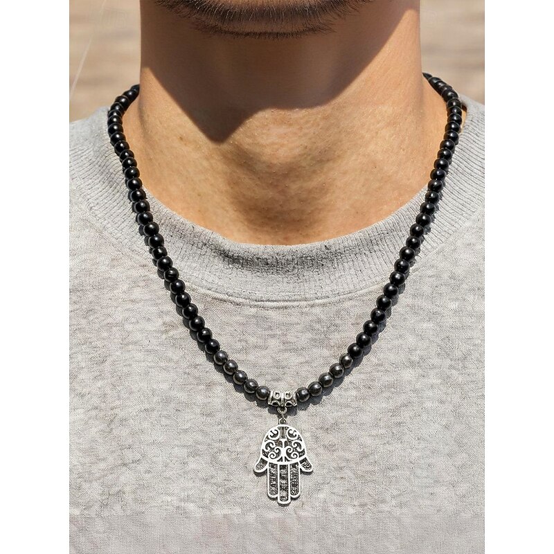 Men's Black Beaded Necklace with Silver Hamsa Hand Pendant – Spiritual Boho Style Jewelry for Men, Ideal for Casual Wear, Festivals or Gift Giving3