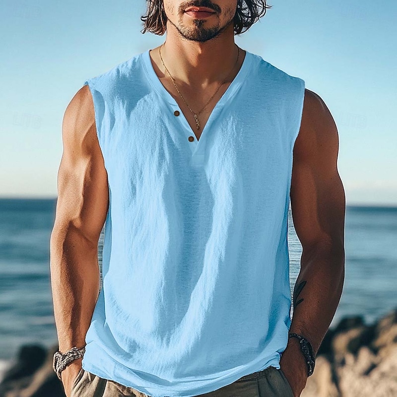 Men's T Shirt Sleeveless Short Sleeve V Neck Summer Plain Textured Fashion Classic Casual Plain Street Casual Sports Black White Blue Top Tee for Men - Main Image