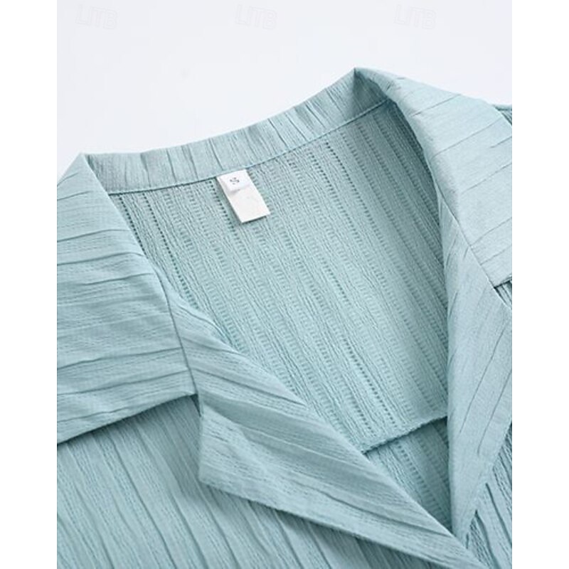 Women's Shirt Texture Blouse Blouse Plain Casual Short Sleeve Shirt Collar Regular Tops Daily Going out Pocket Buttons Blue Summer3