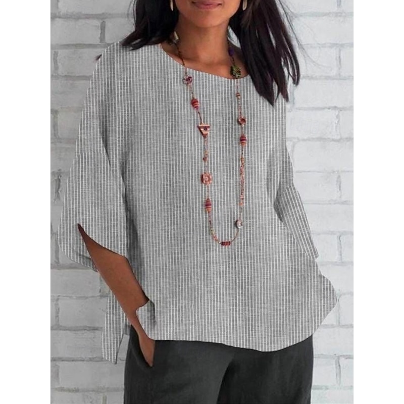 Women's Shirt Striped Daily Casual 3/4 Length Sleeve Crew Neck Regular Tops Daily Holiday Print Black Red Sky Blue Apricot Summer Spring Fall4