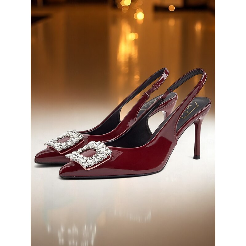 Women's Burgundy Patent Leather Slingback Heels - Pointed Toe Stilettos with Crystal Buckle for Formal Events and Cocktail Parties3