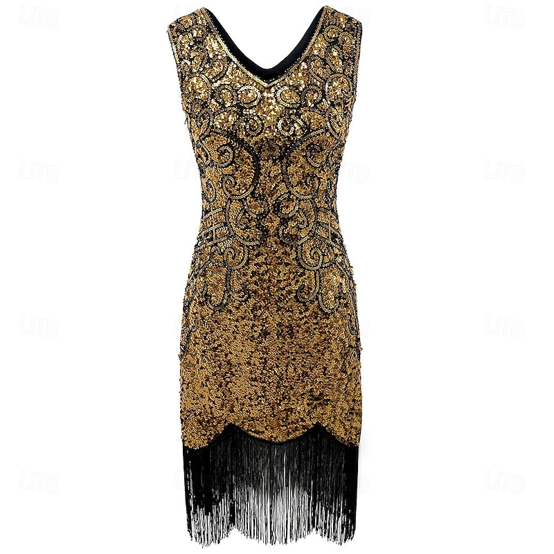 Retro Vintage Roaring 20s 1920s Above Knee Flapper Dress Cocktail Dress The Great Gatsby Flapper Girl Sequins Fringe V Neck Fancy Dress Women's Christmas Halloween Carnival Wedding Evening Party2