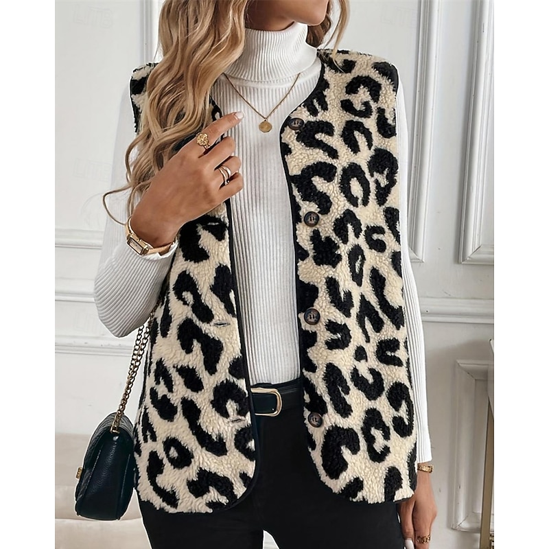 Women's Fleece Vest Vest Warm Comfortable Buttons Fleece Lined Fashion Modern Casual Leopard Going out Weekend Single Breasted Regular V Neck Regular Fit Sleeveless Outerwear Apricot Winter