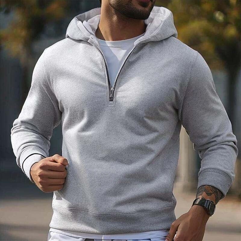 Men's Hoodie Quarter Zip Hoodie Fleece Hoodie Black Gray Hooded Plain Zip Up Quarter Zip Sports & Outdoor Casual Daily Streetwear Cool Sportswear Fall & Winter Clothing Apparel Hoodies Sweatshirts