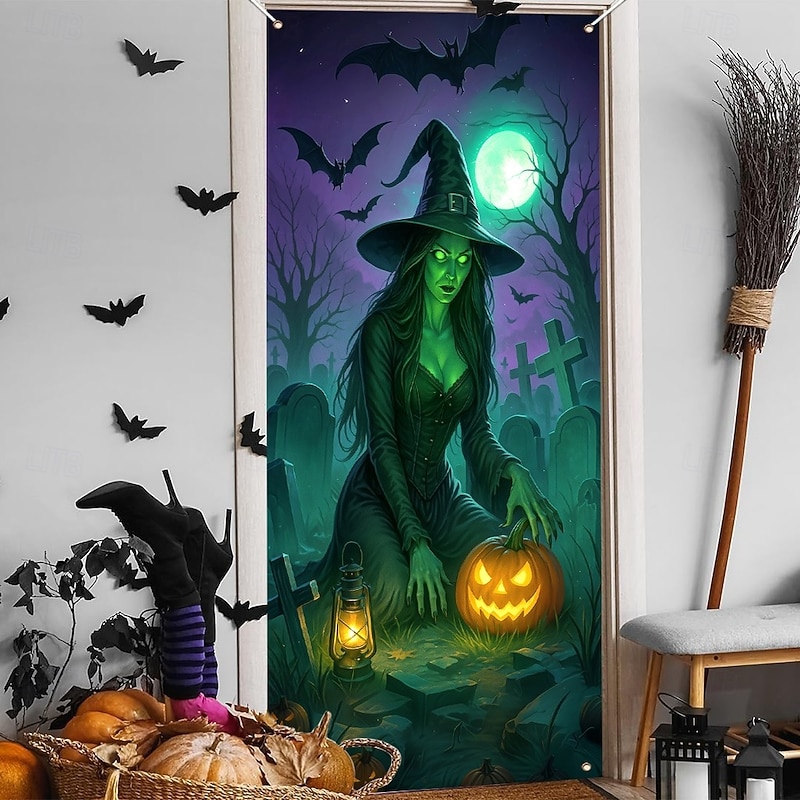 Halloween Door Cover Neon Witch over Cauldron Banner, Glowing Blacklight Entrance Decoration for Outdoor & Indoor 2025 Halloween Bedroom, Living Room, Bathroom3