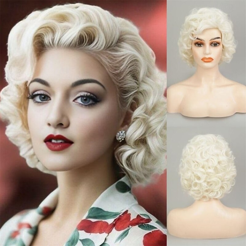 Blonde Curly Short Wigs for White Women Vintage Synthetic Fibre Hair Wig for Daily Cosplay Costume Halloween Use