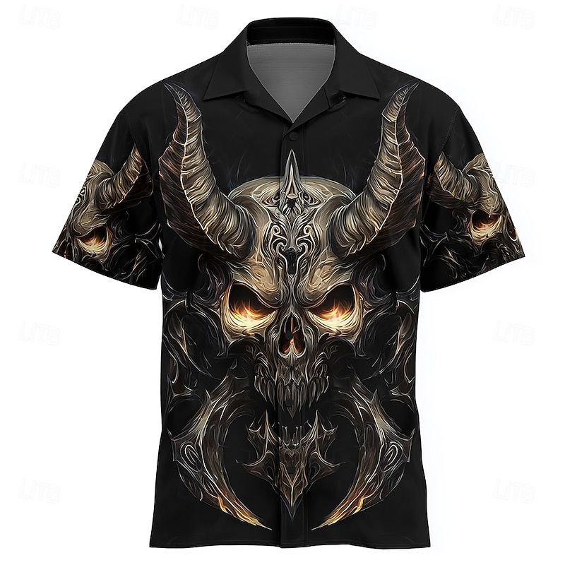 Men's Devil Flame Halloween Costumes Shirt Cuban Collar Shirt Button Up Shirt Short Sleeve Dark Punk Gothic Style Holiday Streetwear Summer Camp Collar Shirt 3D Print Black 1 Black Black 22