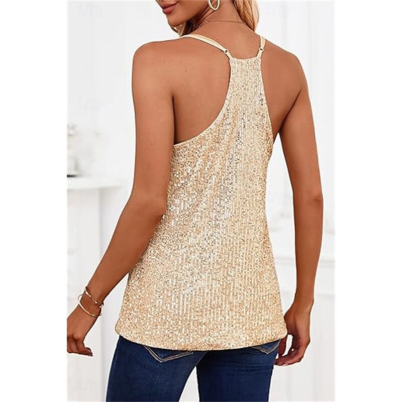 Women's Sequin Sparkly Party Glitter Sparkly Party Stylish Sleeveless Strap V Neck Regular Tops Party Evening Wear Daily Sequins Sparkle Silver Black Blue Gold Summer2
