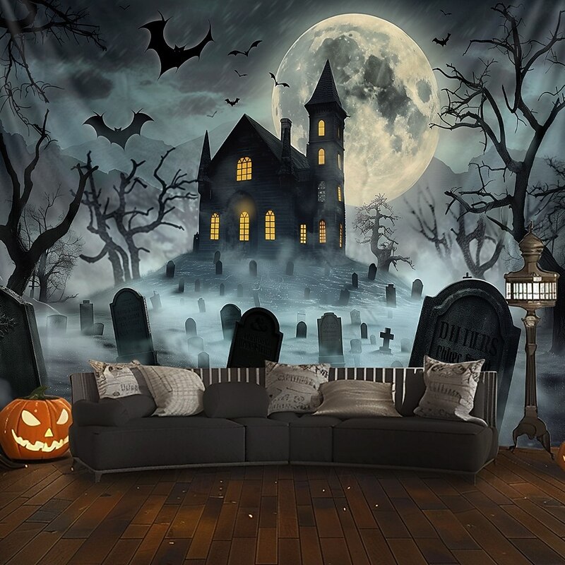 Halloween Haunted Graveyard Wall Tapestry – Full Moon with Flying Bats, Spooky Trees, Gothic Backdrop for 2025 Halloween Bedroom, Living Room, Horror Party Decoration2