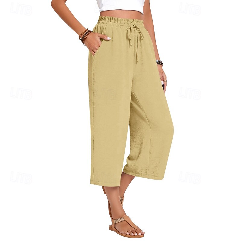 Women's Wide Leg Capri Pants Slacks Streetwear Casual Calf-Length Natural Plain Pocket Elastic Drawstring Design Soft Outdoor Vacation Daily Dark-Gray Orange red Black White Fall Regular Fit