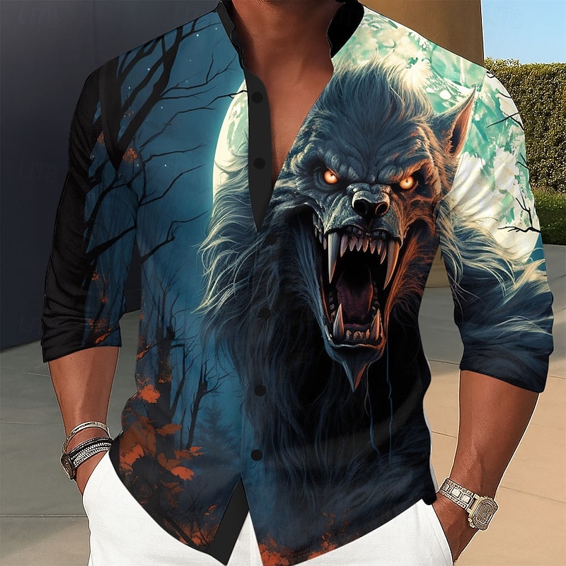 Men's Animal Wolf Devil Shirt Stand Collar Shirt Long Sleeve Dark Punk Gothic Style Holiday Spring Fall Mandarin Collar Band Collar 3D Print Button Up Shirts Blue Orange4