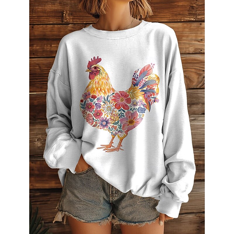 Women's Sweatshirts Graphic Animal Casual Long Sleeve Crew Neck Regular Tops Street Dailywear Casual Print White Khaki Dark Blue Beige Fall Winter