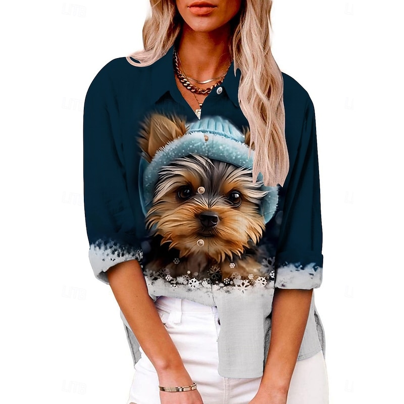 Women's Shirt Cat Dog Active Daily Stylish Long Sleeve Shirt Collar Regular Tops Daily Holiday Buttons Print Navy Blue Gray Summer Spring Fall