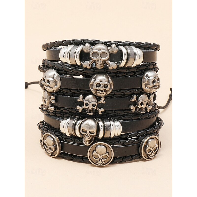 Men's Skull Charm Leather Bracelet set – Adjustable Genuine Leather Punk Wristband for Halloween Party, Cosplay and Rock Concerts