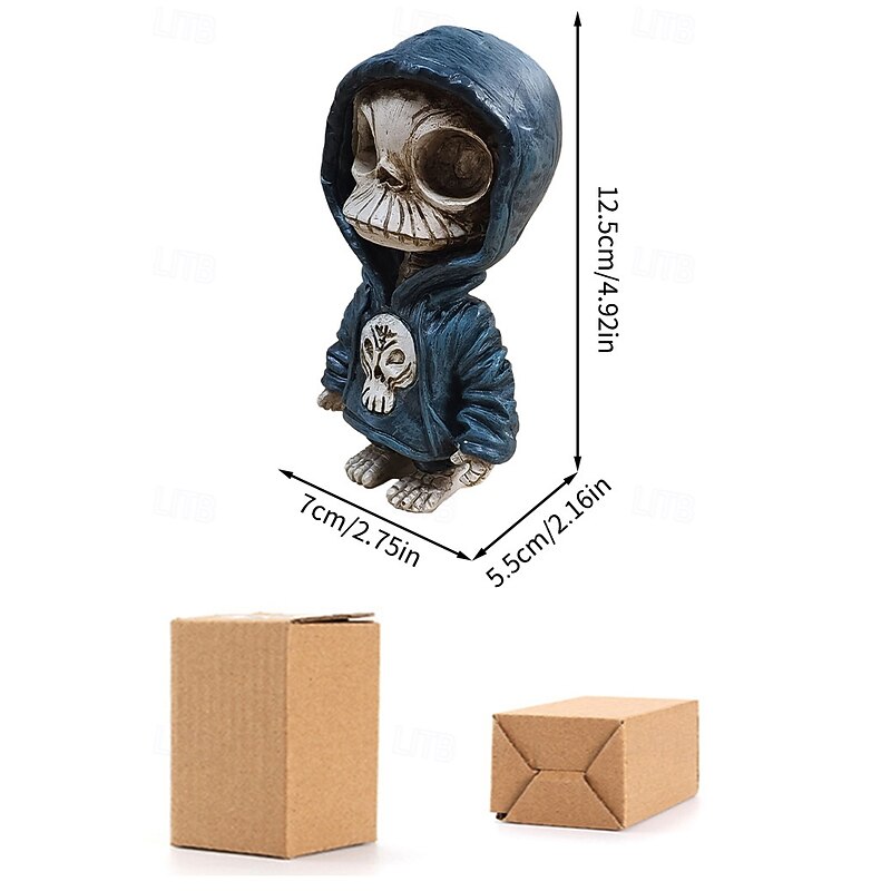 Halloween Hoodie Skeleton Figurine, Resin Skull Statue for Yard, Desktop or Table Decor, Creative Skeleton Ornament for Spooky Halloween Decoration2