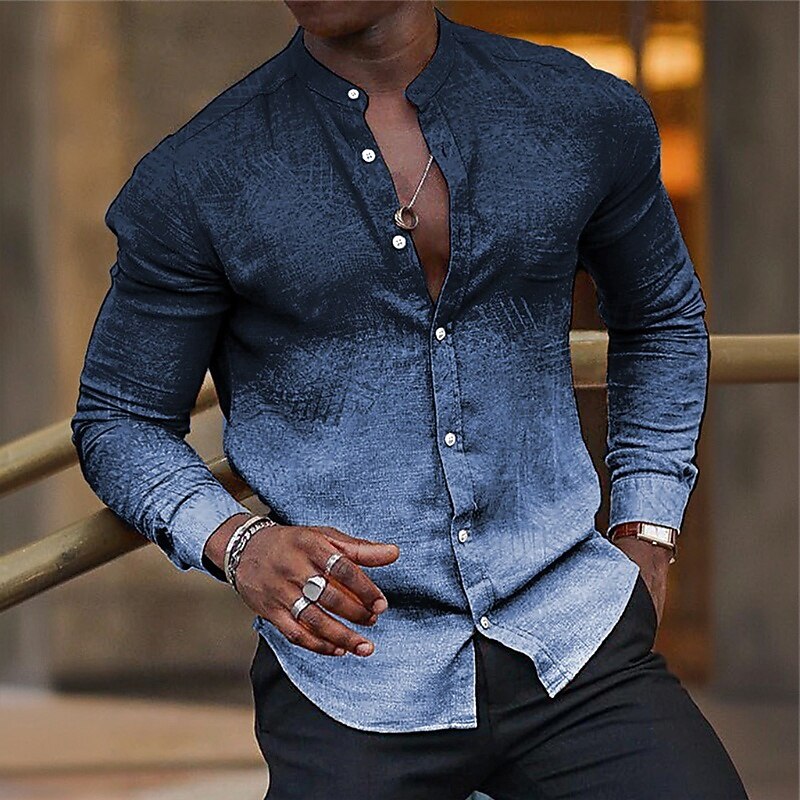Men's Gradient Color Shirt Button Up Shirt Stand Collar Shirt Long Sleeve Ethnic Vintage Retro Outdoor Vacation Daily Spring Fall Mandarin Collar Band Collar 3D Print Linen Like Shirt Wine Blue Green3