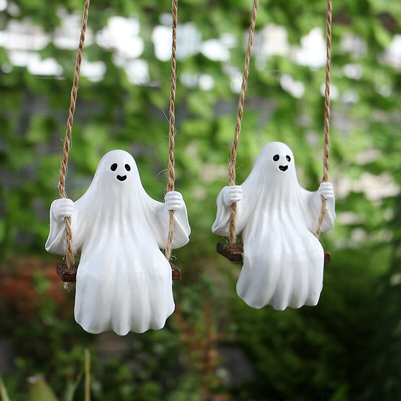 2PCS Halloween Resin Swinging Cute Ghost Decoration Hanging Ornaments, Spooky Outdoor Yard, Planter, Balcony, and Tree Decorations for Halloween