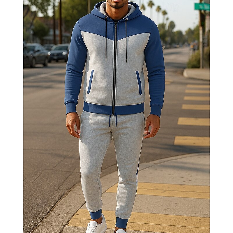 Men's Tracksuit Sweatpants Hooded Jacket Hooded Zipper Pocket Color Block Clothing Suit Fall & Winter White Army Green Gym Training Running Windproof Long Sleeve Sport Activewear Micro-elastic4