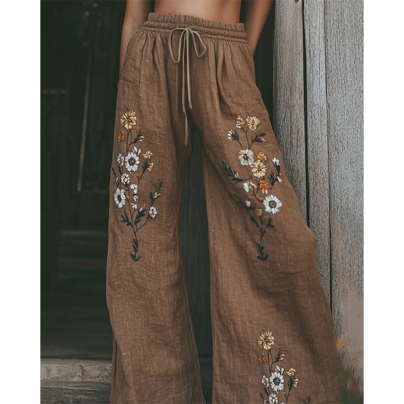 Women's Wide Leg Pants Trousers Palazzo Pants Fashion Streetwear Full Length High Waist Flower Elastic Waist Drawstring Print Breathability Comfortable Street Daily Wear Going out Brown Spring Fall