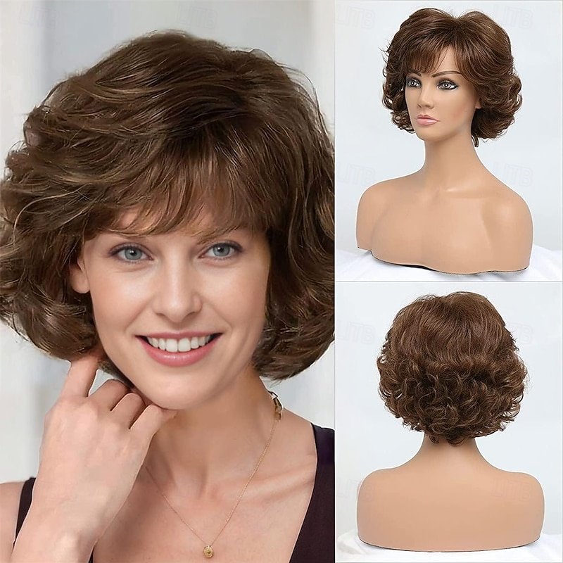 Short Curly Dark Brown Wigs for Old Lady Layered Curly Wig with Bangs Wavy Brown Wig with Dark Roots Natural Synthetic Hair for Carnival Party