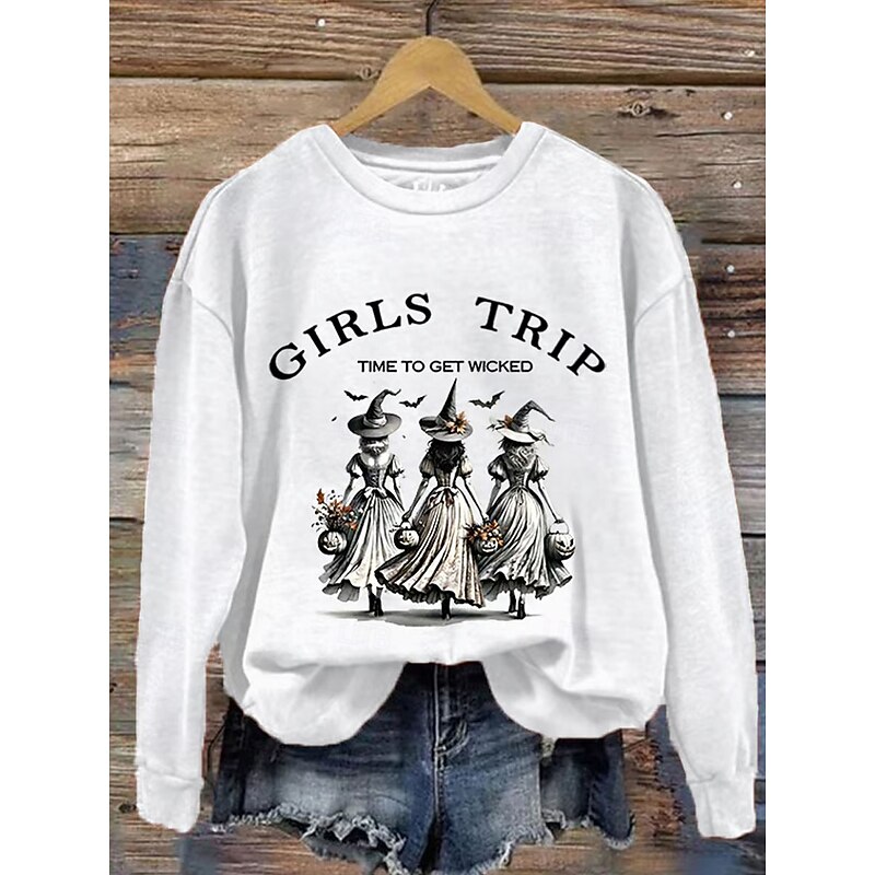Halloween Women's Sweatshirts Witch Graphic Letter Casual Long Sleeve Crew Neck Regular Tops Street Dailywear Casual Print White Orange Green Fall Winter3