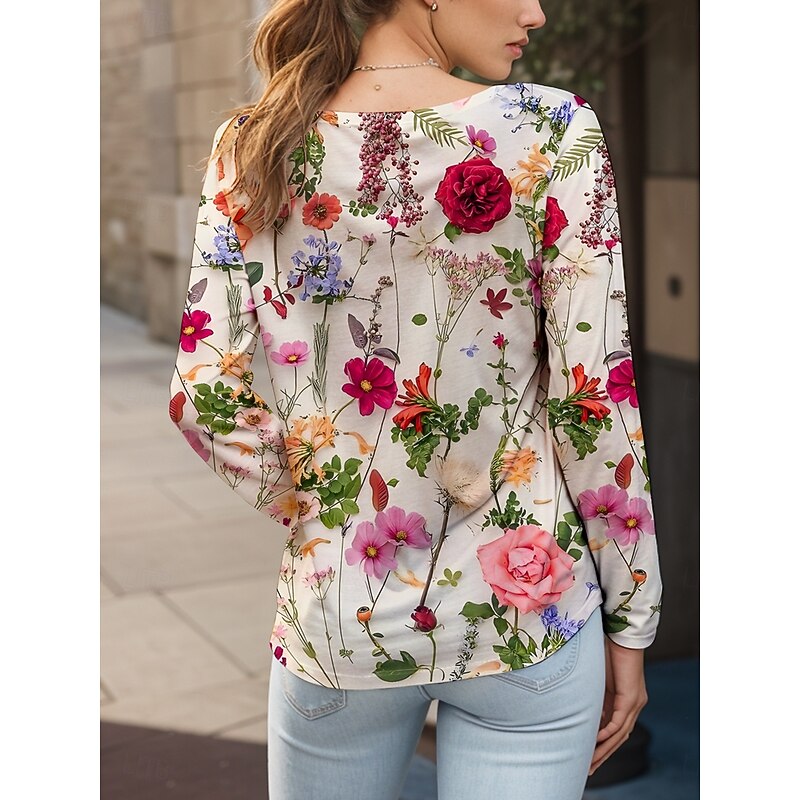 Women's T shirt Long Sleeve Crew Neck Long Sleeve Tunic Floral Graphic Plants Vintage Stylish Classic Round Neck Regular Tops Daily Print Yellow Red Blue Purple Green Fall Prefall2