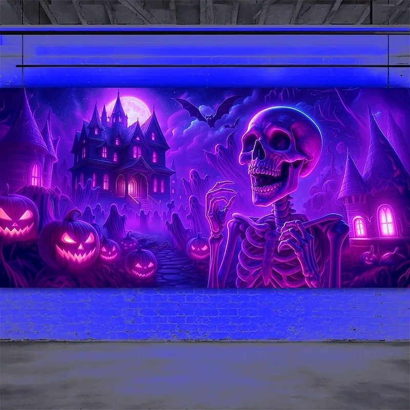 Halloween Garage Door Cover Neon Skeleton with Haunted House Banner, Glowing Blacklight Backdrop Decoration for Holiday Outdoor Garage Door and Home Wall, 2025 Halloween Decorations