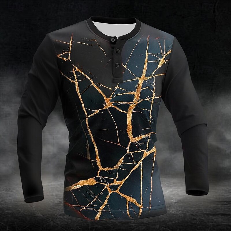 Men's Graphic Marble pattern Henley Shirt Long Sleeve Fashion Cute Daily Casual Holiday Going out Spring &  Fall All Seasons Black Henley Henley T-Shirt