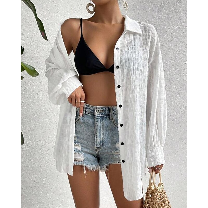 Women's Shirt Texture Blouse Plain Daily Stylish Basic Long Sleeve Batwing Sleeve Shirt Collar Regular Tops Work Daily Holiday Buttons Black White Khaki Spring Fall