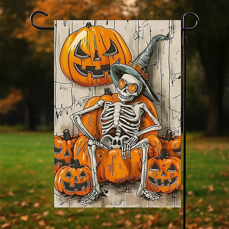 Halloween Garden Flag Banner – Skeletal Sitting with Pumpkins Summerween Scene, Double-Sided Weather-Resistant Yard Flag for 2025 Halloween Holiday Outdoor Lawn, Porch Decoration