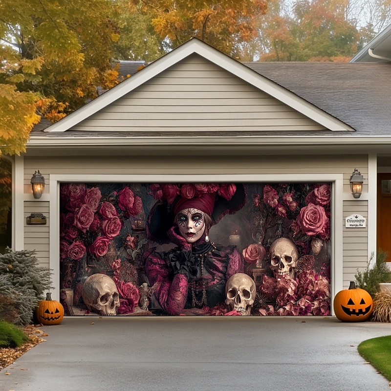 Halloween Outdoor Garage Door Cover Gothic Sugar Skull Skeletons Banner Large Tapestry Backdrop Decoration for Holiday Outdoor Garage Door Home Wall Decorations