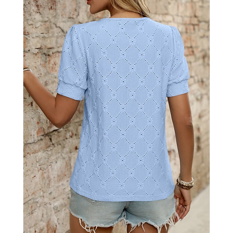 Women's Texture Blouse T Shirt Plain Fashion Modern Short Sleeve Crew Neck Regular Tops Daily Eyelet Black Blue Beige Summer4
