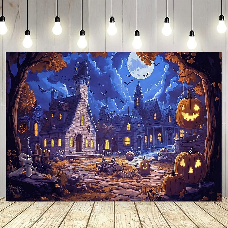 Halloween Pumpkin Lantern Abandoned House at Night Landscape Hanging Tapestry Mural Art Large Tapestry Mural Decoration Photos Background Carpet Curtains Home Bedroom Living Room Decoratin2