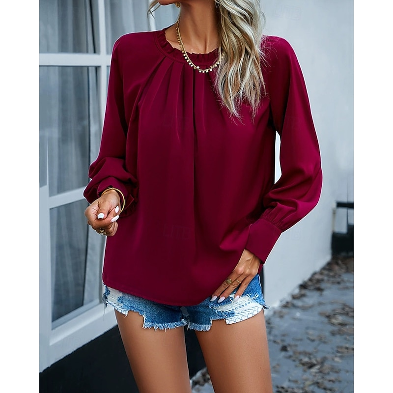 Women's Shirt Texture Blouse Summer Tops Plain Daily Stylish Basic Long Sleeve Lantern Sleeve Crew Neck Regular Tops Work Daily Holiday Ruched Black Wine Blue Spring Fall