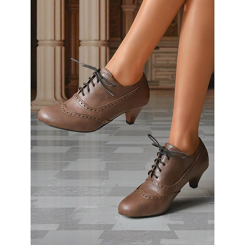 Women's Edwardian Vintage Oxford Heels – Burgundy Lace-Up Brogue Leather Shoes, Retro 1900s–1910s Style for Tea Parties, Historical Reenactments, and Elegant Evening Events2