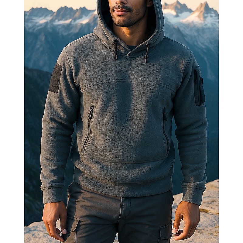 Men's Fleece Hoodie Long Sleeve Hooded Top Outdoor Thermal Warm Winter Polyester Black Army Green Grey Traveling Running3