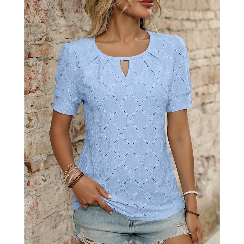 Women's Texture Blouse T Shirt Plain Fashion Modern Short Sleeve Crew Neck Regular Tops Daily Eyelet Black Blue Beige Summer2
