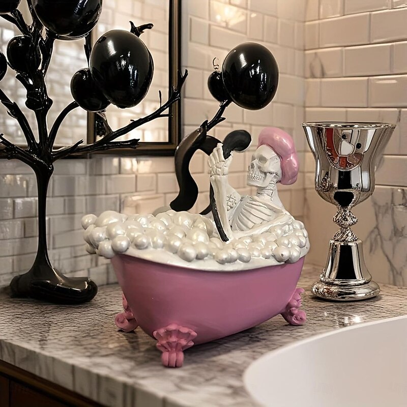 Bathing Pink Bathtub Skeleton Character Statue Resin Gothic Skull Sculpture with Bubble Bath Ornament for Bathroom Home Office Desk Decoration4