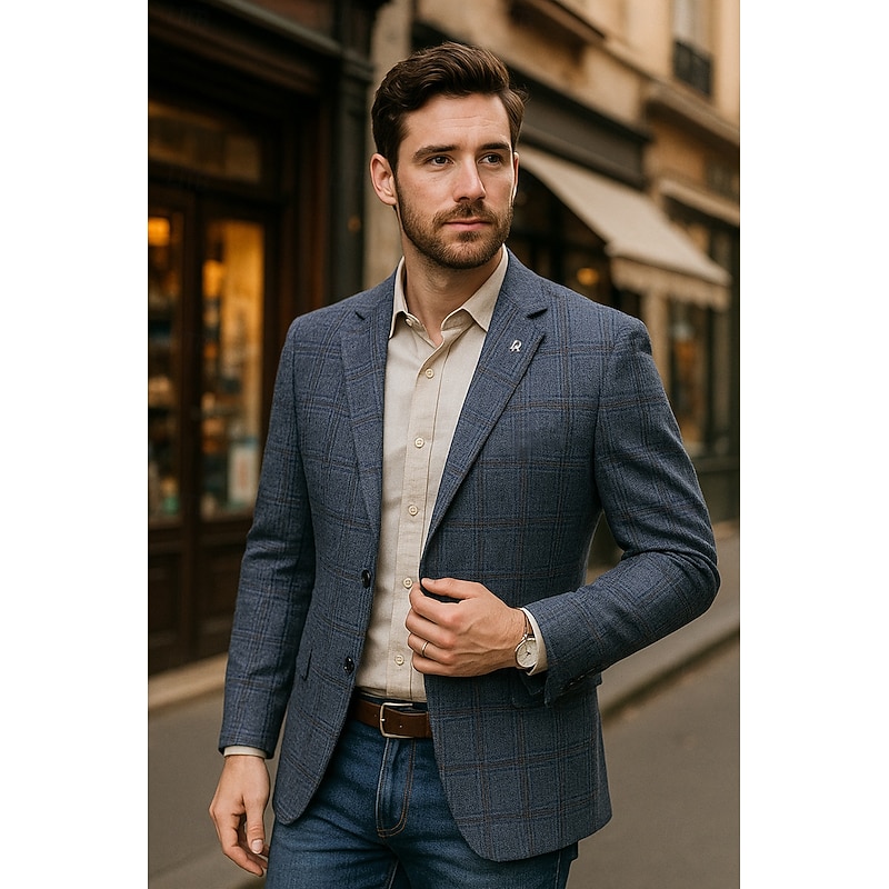 Men's Blazer Jacket School Work Office / Career Elegant Daily Spring Fall Polyester Plaid / Check Classic No-Iron Single Breasted Two-button Blazer Yellow Gray