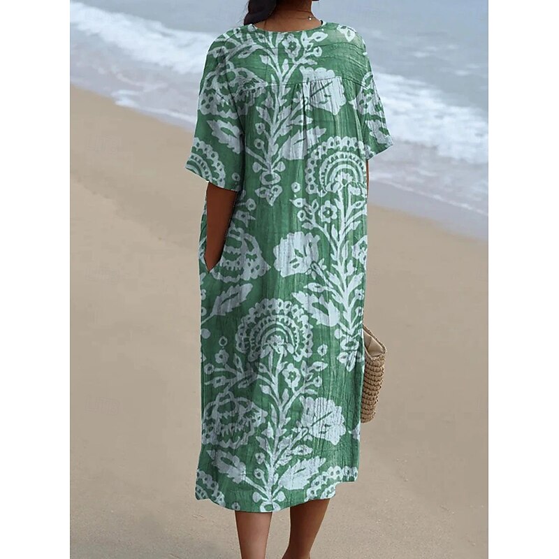Women's Midi Dress Sundress A Line Dress Vacation Casual Beach Party Going out Beach Loose Fit Floral Graphic Leaf Short Sleeve V Neck Deep Green Green Summer Spring2
