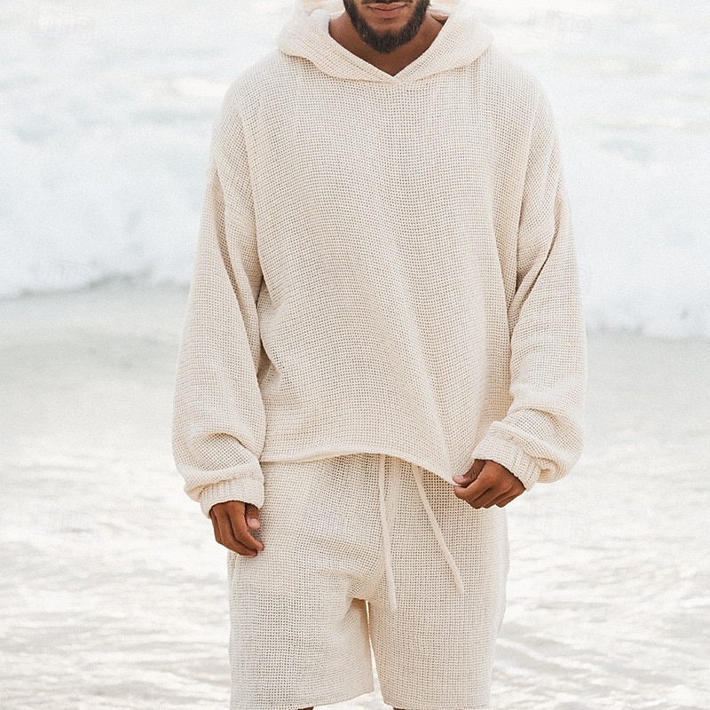 Men's Hoodie Tracksuit Sweatsuit Red Beige Hooded Plain 2 Piece Sports & Outdoor Daily Holiday Streetwear Basic Casual Spring Fall Clothing Apparel Hoodies Sweatshirts