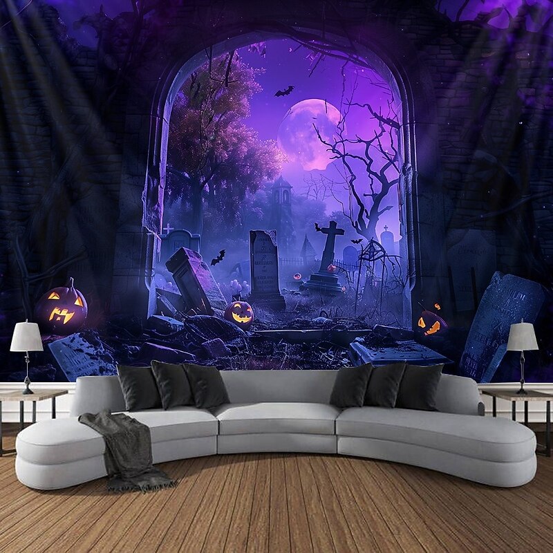 Halloween Blacklight Wall Tapestry – UV Reactive Haunted Window View Neon Colors Spooky Night Scene, Glow in the Dark Gothic Backdrop for 2025 Halloween Bedroom, Living Room Party Decoration4