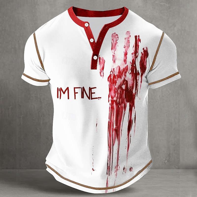 Men's Halloween Blood Splatter Funny Blood stains Henley Shirt Tee Short Sleeve Vintage Fashion Designer Outdoor Casual Daily Spring &  Fall All Seasons Black White Henley Henley T-Shirt - Main Image