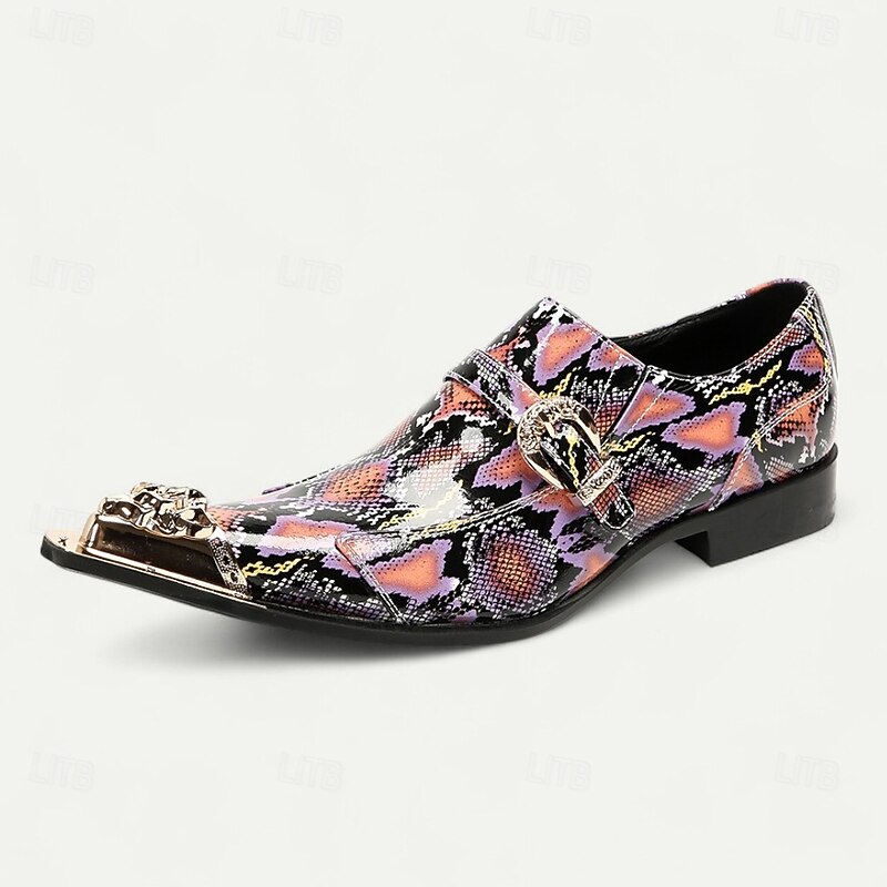Men's Punk-Inspired Pink Python Print Leather Monk Strap Shoes – Statement Dress Footwear for Stylish Men at Clubs and Special Occasions3
