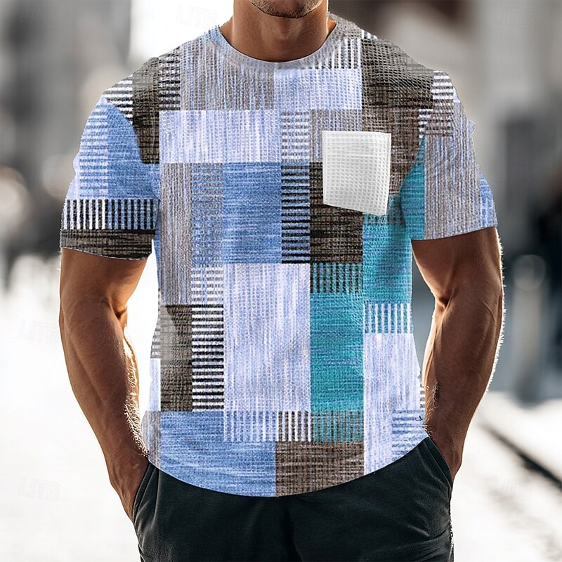 Men's Geometric Plaid Waffle Shirt Short Sleeve T shirt 3D Print Crew Neck Shirt Fashion Daily Designer Street Casual Daily Red Blue Khaki Summer Spring All Seasons Clothing Apparel S M L XL XXL XXXL4