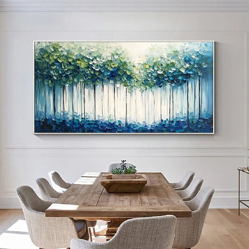 Handmade Oil Painting Modern Abstract Forest Bold Textured Brushstrokes Emerald Green Canopy Teal Hues Minimalist Trunks Sapphire Depths Contemporary Wall Art Gallery Wrapped Canvas Impasto Technique2