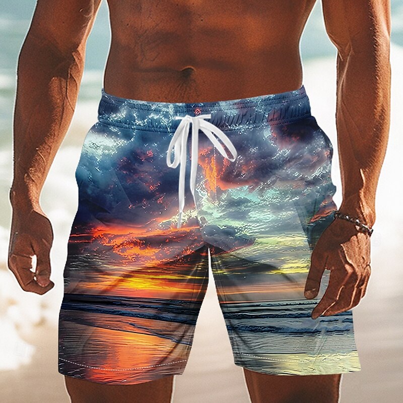 Men's Ocean Landscape Sunset Swim Trunks Swim Shorts Board Shorts Mid Waist Streetwear Hawaiian Vacation Side Pockets Mesh Lining Elastic Drawstring Waist Designer Clothing Apparel